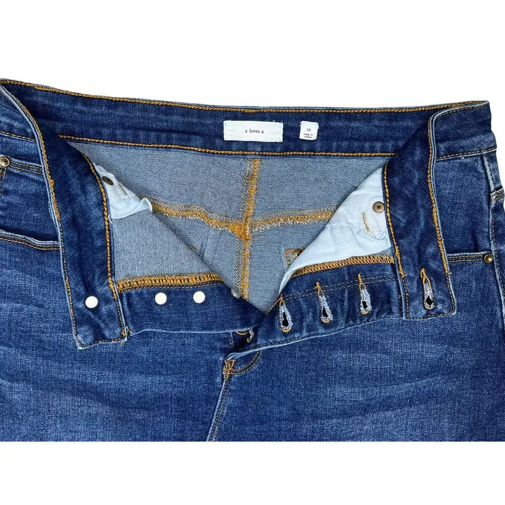 A Loves A Womens Denim Mini Skirt Sz 28 Button-Fly Dark Wash Stretch $89